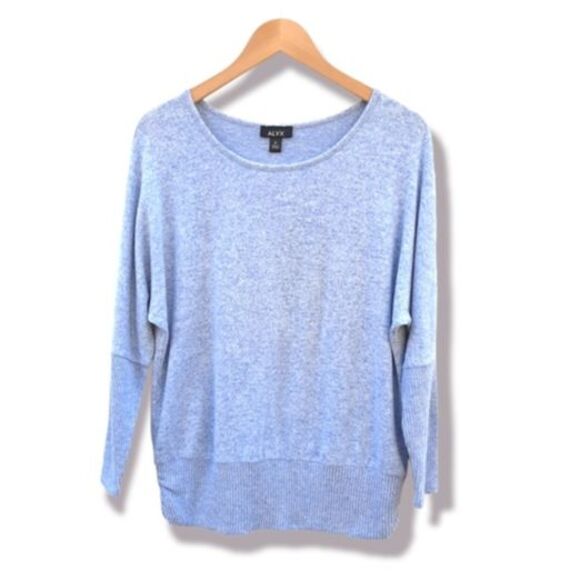 Alyx Sweater Light Blue Bat Sleeve Ruched Hemline Casual Pullover Knit Top M - Picture 1 of 16